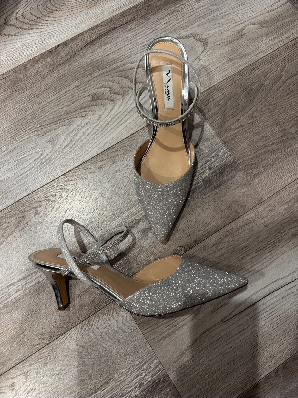 Nina Silver Glitter Pointed Toe Slingback Pumps with Ankle Straps